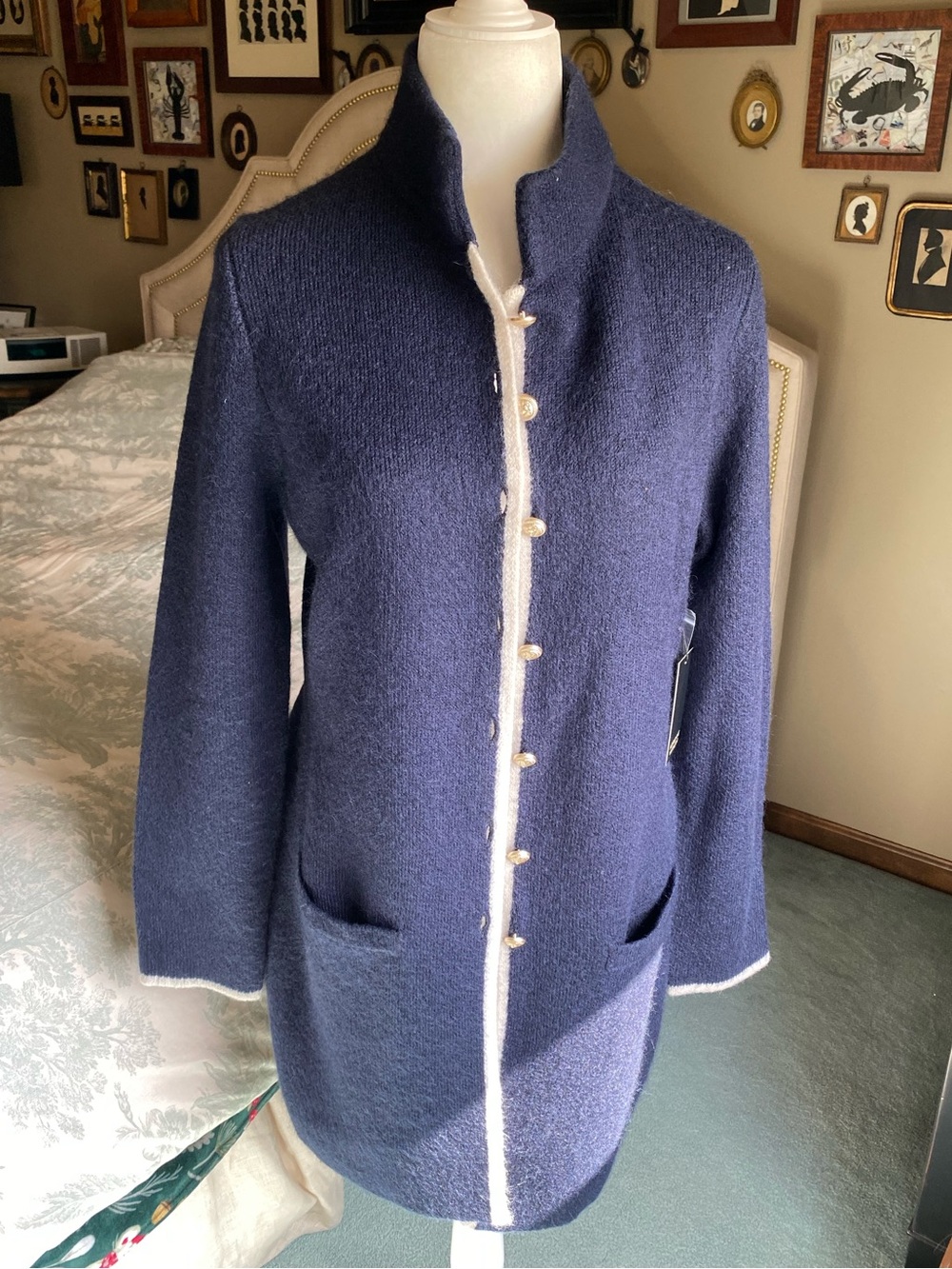 Adrienne Vittadini Navy/Cream Button Long Cardigan